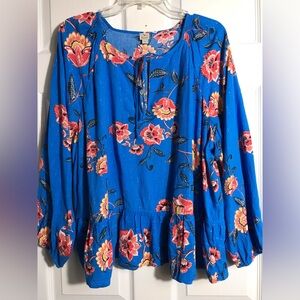 Loft Beach Blue Floral Peasant Blouse XL
